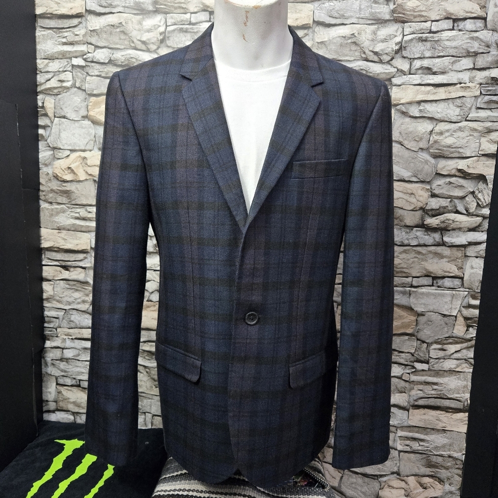 Marc By Marc Jacobs Men M Navy And Black 1 Button Plaid TriColored SportBlazer
